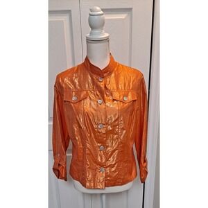 Lara Lane Button Up Shirt‎ Women Size 10 Mango Spread Collar Metallic MSRP $54